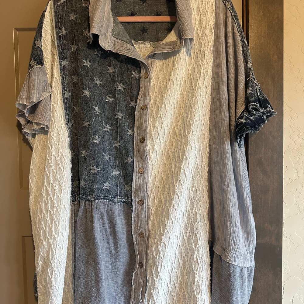 Oli & Hali Star Patchwork Casual Shirt - Blue and White